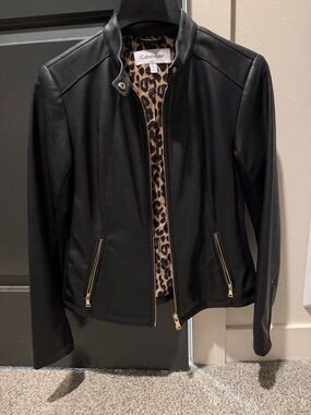 Calvin Klein Black Faux Leather Jacket with Leopard-Print Lining